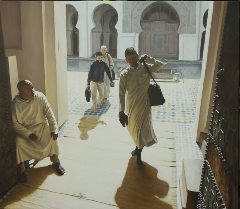 Acrylic realist painting of students in Fez, Morocco