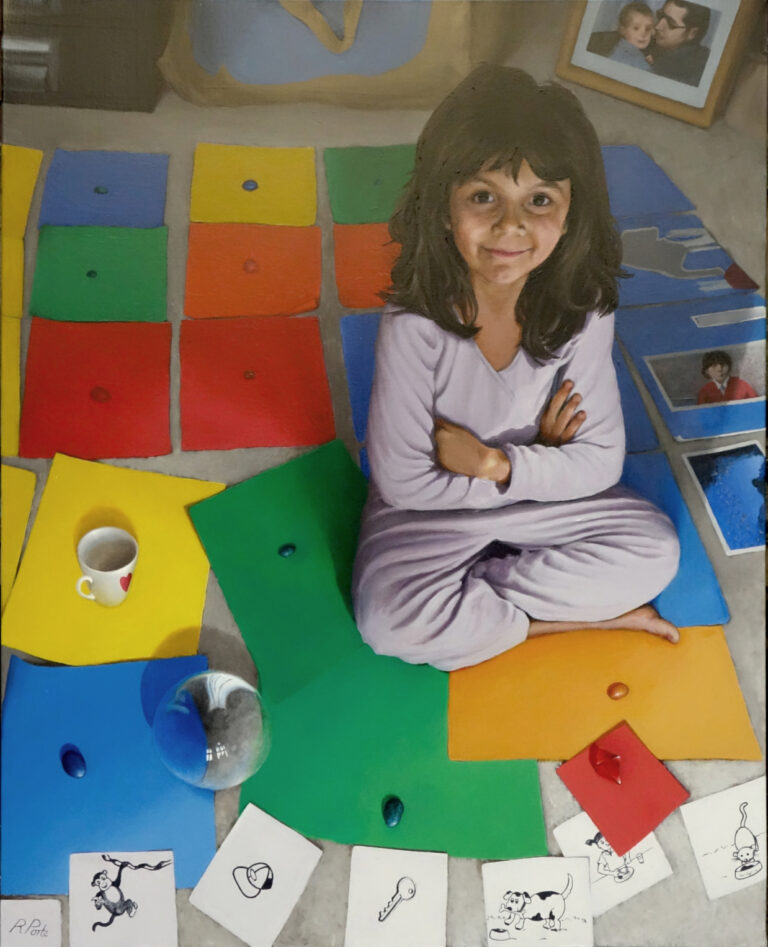 Realist acrylic portrait painting on canvas of girl with puzzle