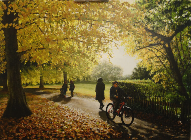 Acrylic realist painting of London park in the autumn