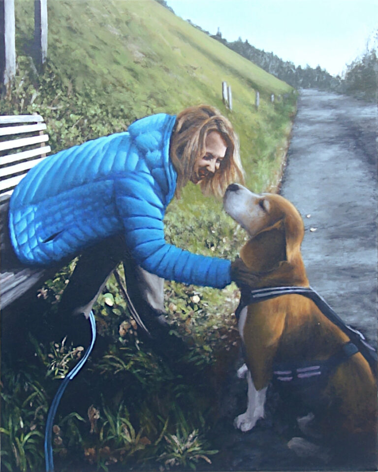 Acrylic realist painting of woman with dog (beagle)