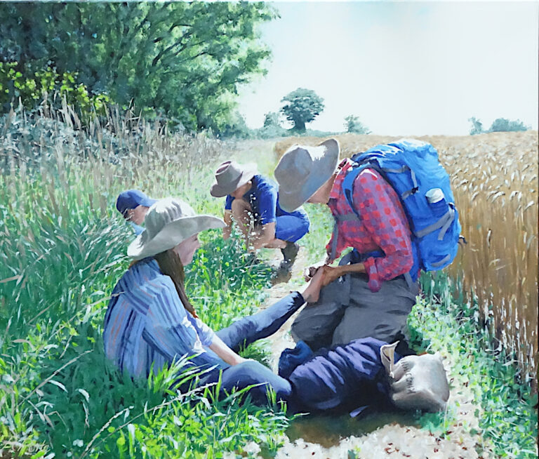 Acrylic realist painting of women and children during a countryside summer walk in Dorset