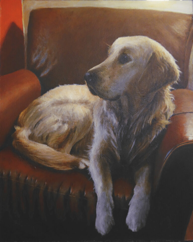 Acrylic realist painting of dog (golden retriever)