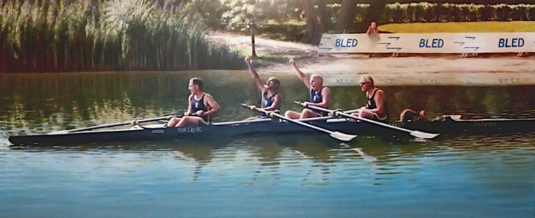 Acrylic realist painting of rowers on Lake Bled, Slovenia