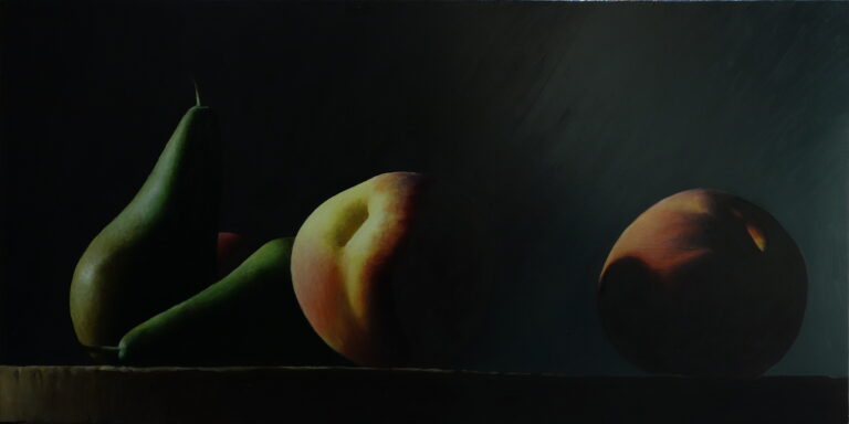 Realist oil painting of peaches and pears