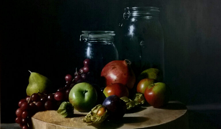 Acrylic realist still life painting of fruit and glass jars