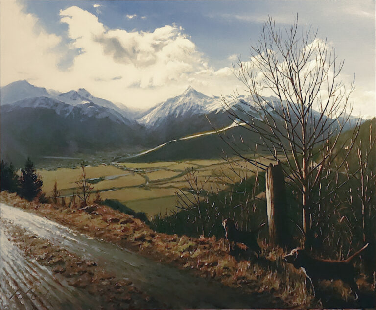 Acrylic realist painting on canvas of view across Salzachtal, Salzburgerland towards Kaprun with dogs. 60 x 40cm