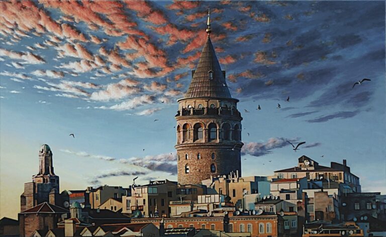 The Galata Tower in Istanbul by sunset